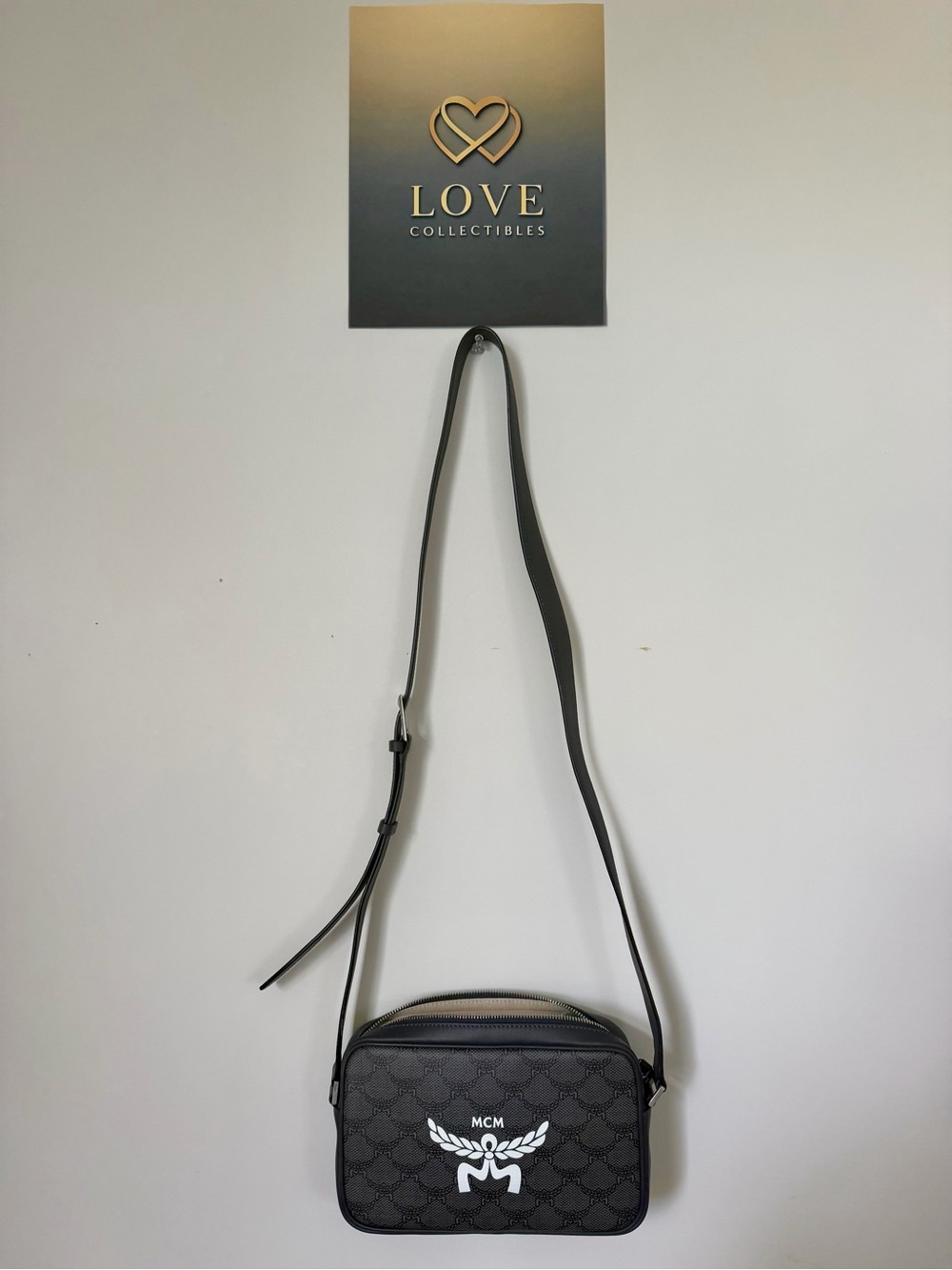 MCM Black Logo Pattern Leather Crossbody Bag